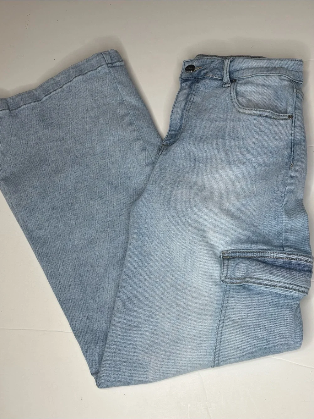 Risen Jeans High Rise Cargo Wide Leg Size 7/28  Blue Stretch Denim